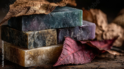 Natural soap bars arranged creatively with dry leaves on a rustic wooden surface