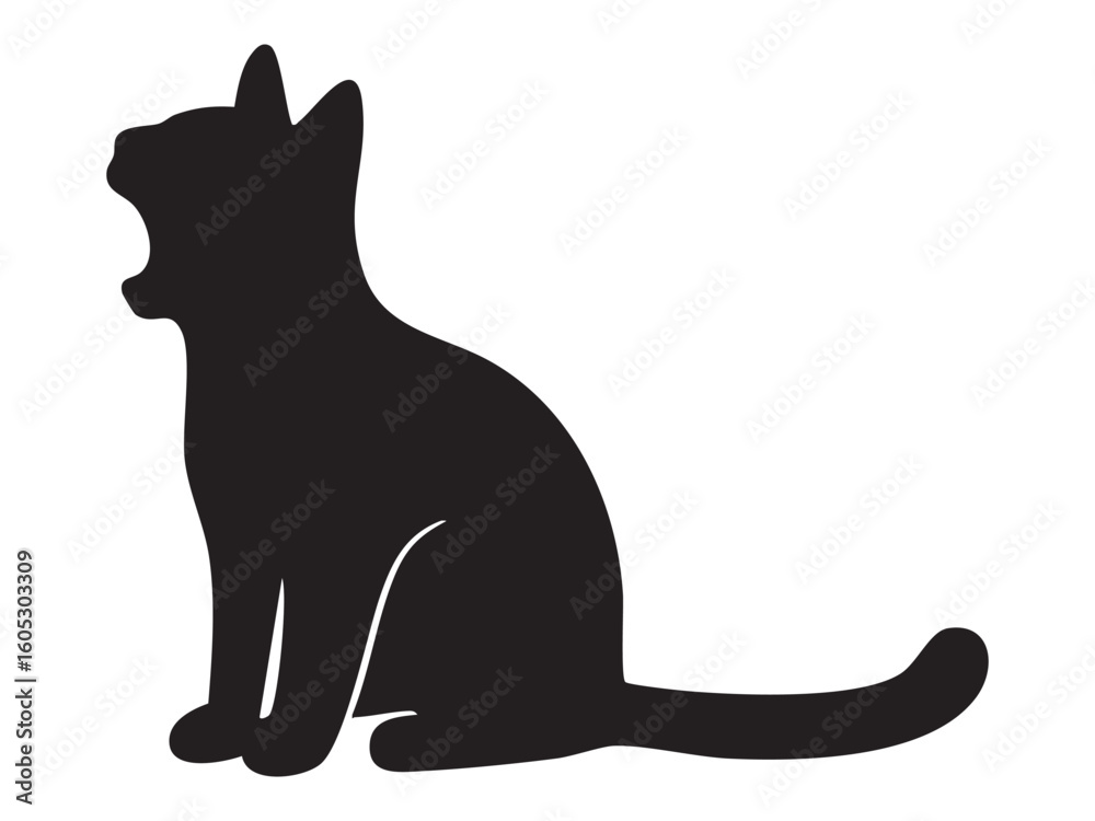 Black silhouette of yawning sitting cat, isolated on white background, graphic illustration. concept of pet, cute kitten, domestic animal, icon, logo, design element. Black silhouette of yawning sitting cat, isolated on white background, graphic illustration. concept of pet, cute kitten, domestic animal, icon, logo, design element.