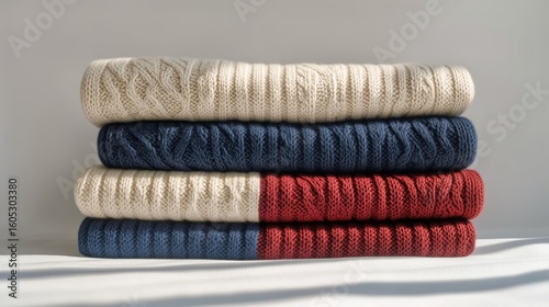 Cozy Knit Sweaters Stacked Neatly With Soft Textures and Warm Colors in a Bri...