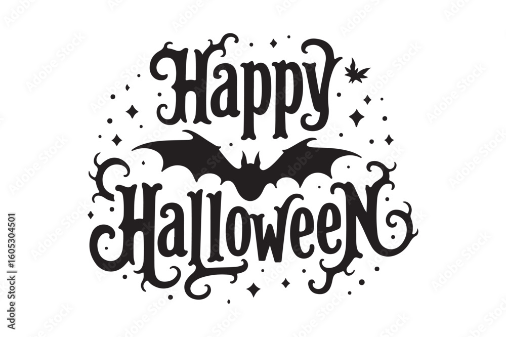 Fototapeta premium Spooky happy halloween text with bat and stars