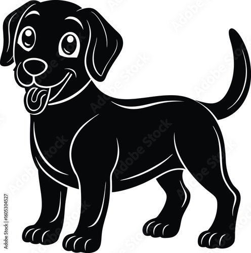 Vector art of a happy black labrador puppy with its tongue out, isolated on a white background