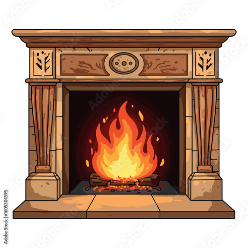 Elegant stone fireplace with glowing flames and ornate detailing. Vector illustration
