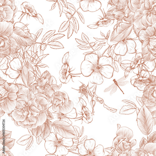 Fashion soft pastel peach roses pattern. Rose plants print. Toile de jouy flo...
