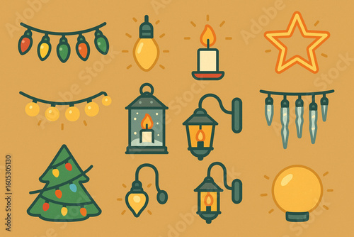 Set of Christmas Light Icons in Flat Vector Style