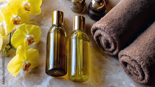 Relaxing Spa Setting With Essential Oils and Towels Surrounded by Yellow Flowers