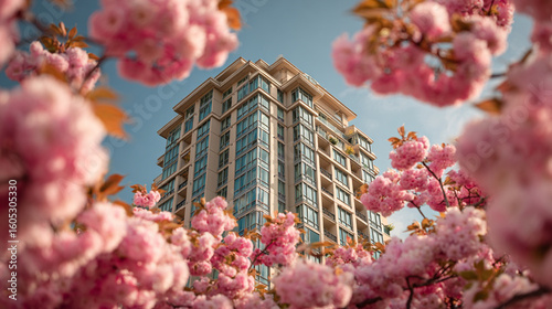 Beautiful cherry blossoms frame a modern residential building in springtime bloom