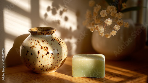 Decorative pottery and handmade soap create a serene ambiance in a sunlit setting