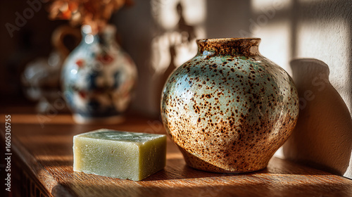 Beautifully crafted pottery and natural soap on wooden shelf in soft afternoon light