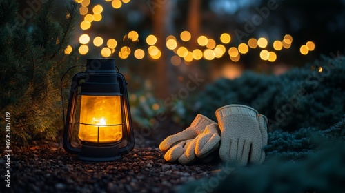 Cozy Lantern Light Illuminates Garden Gloves During Evening in a Tranquil Out...