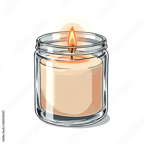 Scented candle in glass jar with orange flame and warm glow reflection. Vector illustration