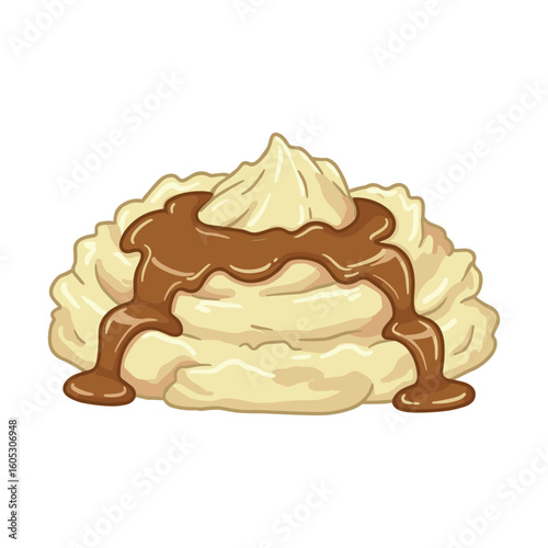 Creamy mashed potatoes with rich gravy drizzle on a white background. Vector illustration