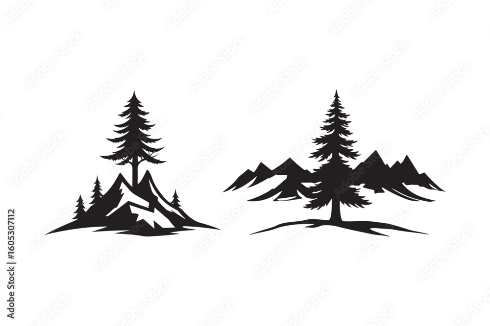 Obraz premium Silhouette of pine trees and mountains in a rustic style