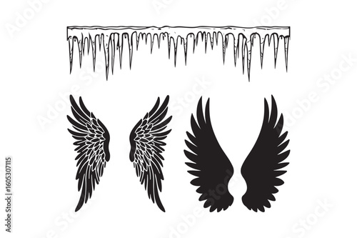 Black and white illustration of icicles and two pairs of angel wings