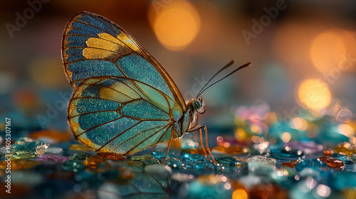Vibrant blue butterfly resting on colorful gems in a softly lit environment