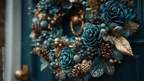 Intricately designed wreath adorned with teal flowers and golden accents on a front door