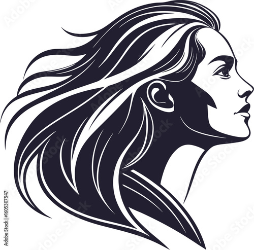 Vector art of a stylized black and white silhouette of a womans profile with flowing hair