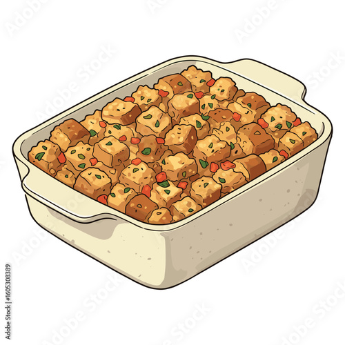 Delicious casserole with tater tots, vegetables, and cheese in a baking dish. Vector illustration