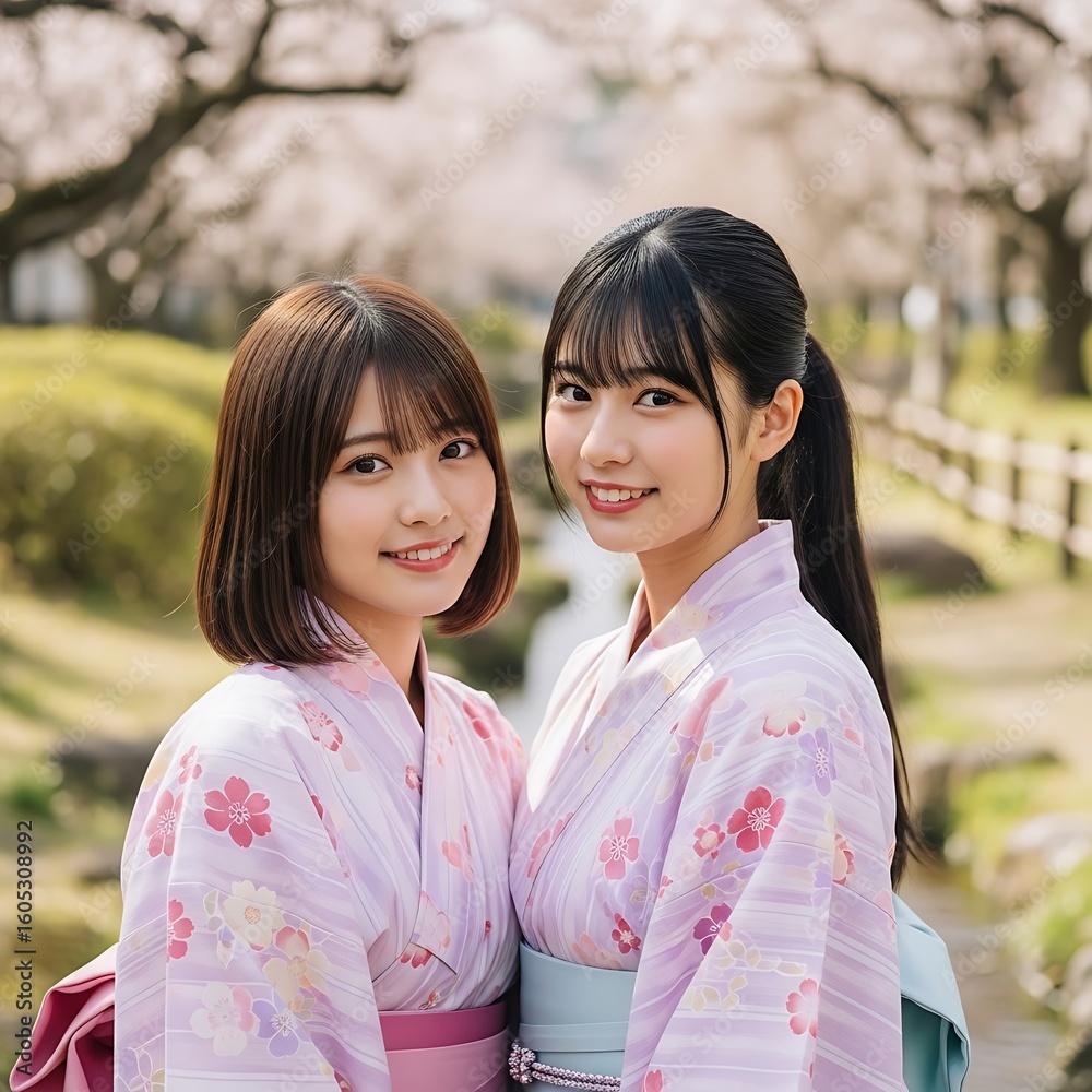 Two women in traditional Japanese summer attire smile outdoors. Two women in traditional Japanese summer attire smile outdoors.