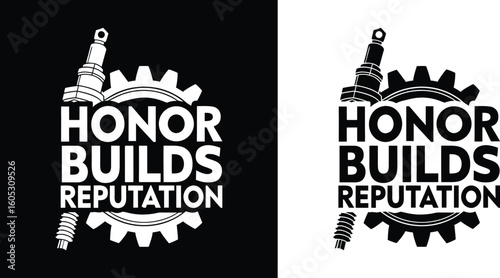 Gear and spark plug emblem with bold text honor builds reputation for automotive mechanic biker t shirt design