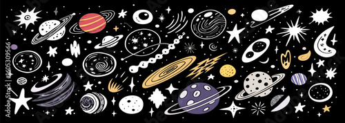 Hand-Drawn Space Planets Stars Galaxy Doodle Background
