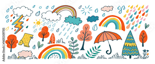Hand-drawn Weather & Nature Elements: Rainbows, Trees, Clouds