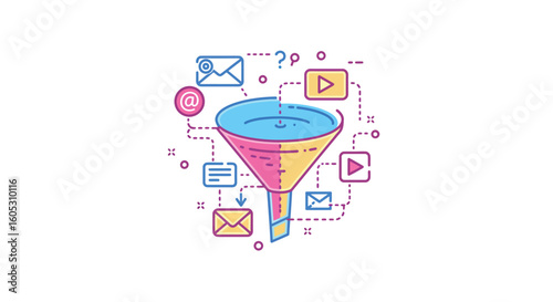 Colorful funnel with social media icons in hand drawn style