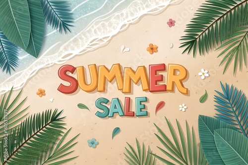 Summer sale on the beach with palm leaves and ocean waves view
