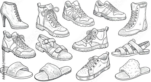 Hand drawn collection of various shoes with detailed sketch style