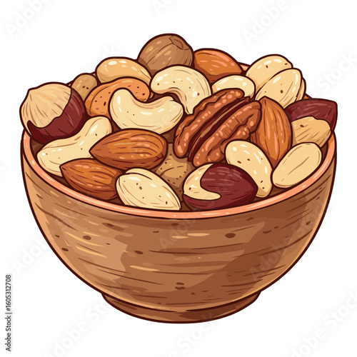 Assorted mixed nuts in wooden bowl. Vector illustration
