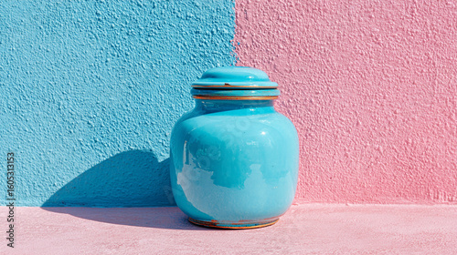 Colorful ceramic jar against contrasting pastel walls captures vibrant artistic expression