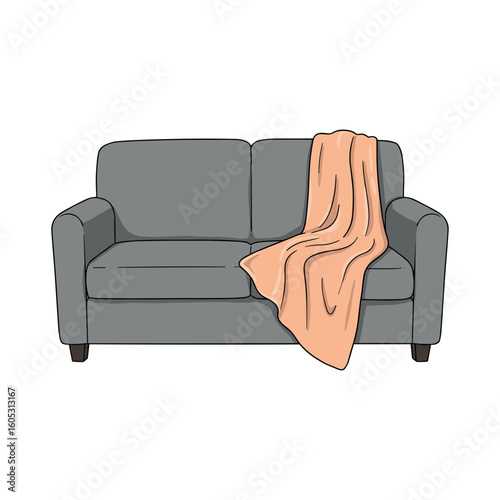 Modern gray sofa with peach blanket - minimalist living room furniture design. Vector illustration