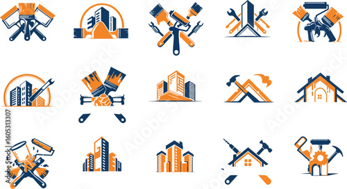 Home improvement and construction icon set with tools and buildings