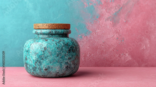 Beautiful stone jar with cork lid on colorful background in a bright studio setting