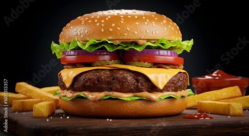 Juicy Cheeseburger with Lettuce, Tomato, and Melted Cheese in a Toasted Bun – Classic American Fast Food Favorite Served Hot and Fresh