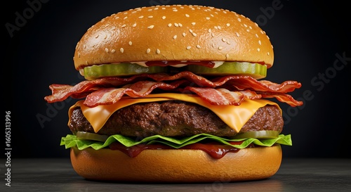 Juicy Cheeseburger with Lettuce, Tomato, and Melted Cheese in a Toasted Bun – Classic American Fast Food Favorite Served Hot and Fresh