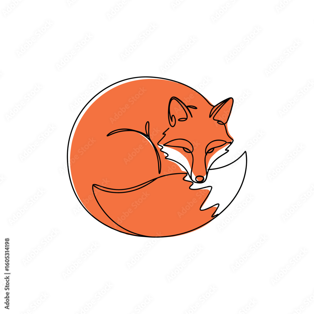 Obraz premium Minimalist line art of a sleeping orange fox with a bushy tail. Vector illustration