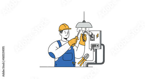 Electrician fixing light fixture in modern linear style cartoon design