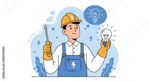 Electrician holding light bulb and screwdriver in cartoon style with blue accents