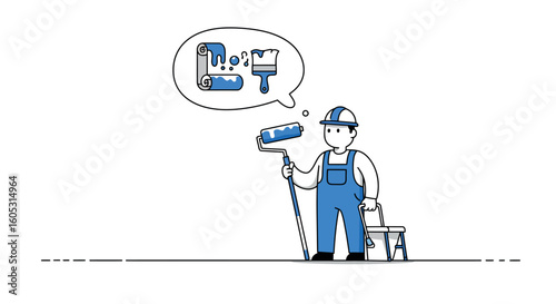 Painter in overalls holding paint roller with thought bubble