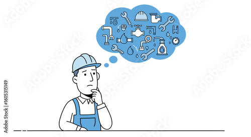 Pensive worker contemplating plumbing solutions in thought bubble linear illustration