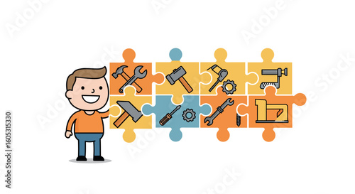 Cartoon character with tool puzzle pieces concept for diy and construction