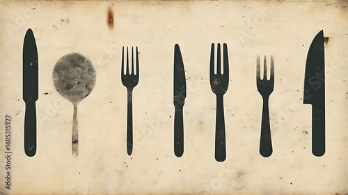 Vintage-style cutlery silhouettes on aged parchment