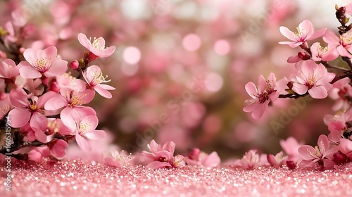 Spring blossoms on a pink glitter background