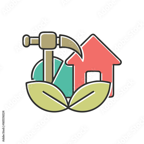 Flat design icon of hammer house and leaves representing eco friendly construction and renovation