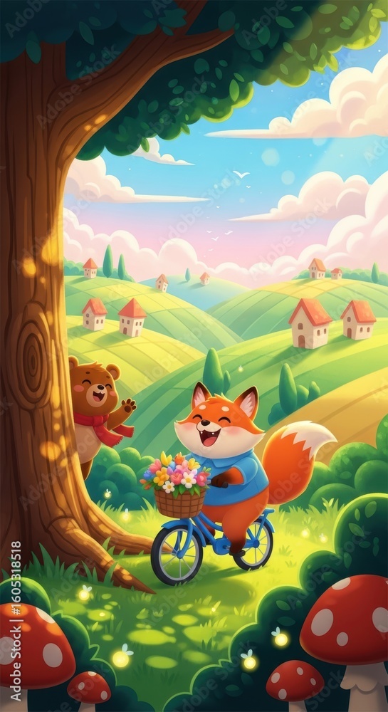 Obraz premium Cheerful fox and bear enjoy a sunny day in a vibrant countryside setting