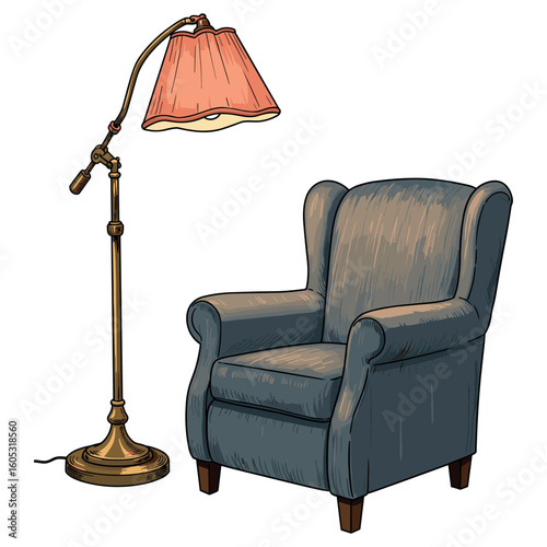 Cozy wingback chair with vintage floor lamp. Vector illustration