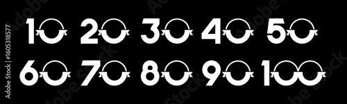 Set of collection numbers 10 to 100 with ribbon vector illustration. Ribbon with numbers 10, 20, 30, 40, 50, 60, 70, 80, 90, 100 for greetings, anniversary, discounts and more.