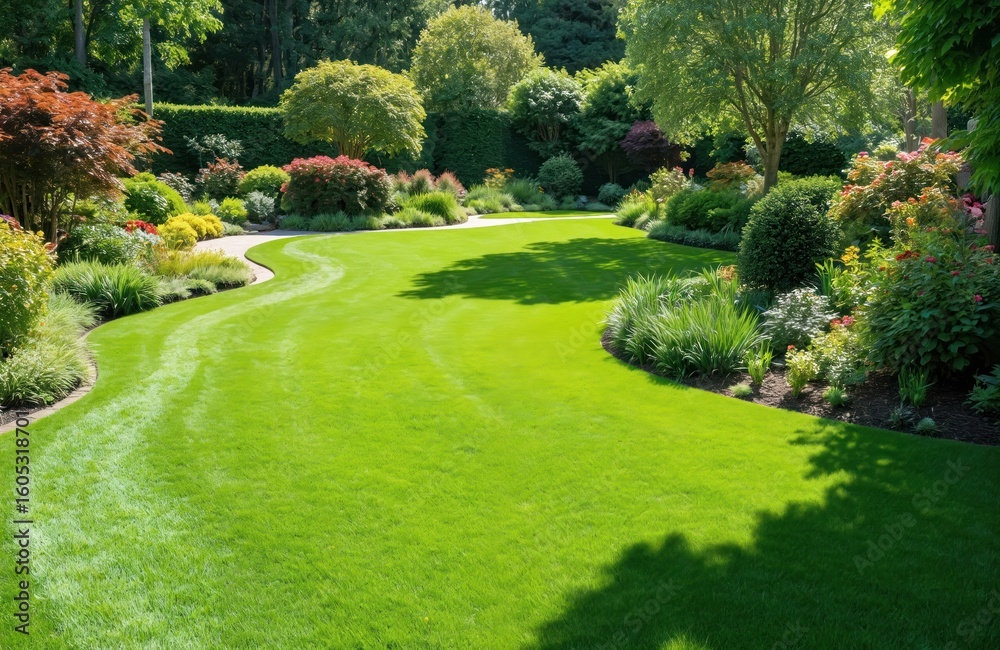 Naklejka premium Beautifully manicured green garden with vibrant, rich grass, offering serene, natural-looking landscape. Features high-quality artificial turf installation perfect for backyard relaxation, outdoor
