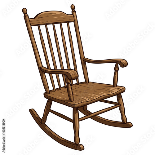 Vintage wooden rocking chair with slatted back and armrests. Vector illustration
