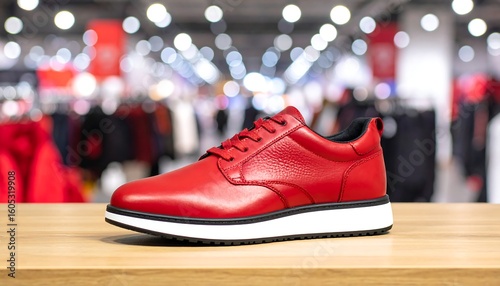 Red leather sneaker on wooden display